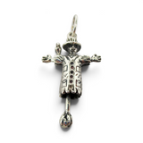 Brocosi.com sterling silver scarecrow charm with moveable arms and detailed hand-enameled clothing and crow accent.