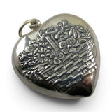 Sterling Silver Puffy Heart Basket with Flowers Charm Pendant Vintage New 73
