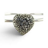 Sterling Silver Repousse Flowers Heart Bangle Charm Bracelet Vintage New Floral