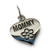 Brocosi.com antiqued sterling silver heart charm with Mommy engraving and flower detail for charm bracelets