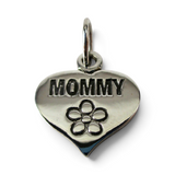 Brocosi.com antiqued sterling silver heart charm with Mommy text and flower detail for a charm bracelet