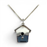 Sterling Silver Birdhouse Pendant for Necklace Large Charm Bluebird Bird Gift