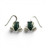 Sterling Silver and Green Enamel Frog Earrings Dangle Drop Vintage 925 BCS