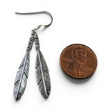 Sterling Silver Two Feathers Dangle Drop Earrings Southwestern Style Vintage