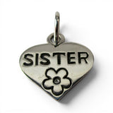 Sterling Silver Sister Heart Charm for Bracelet 2 Sided Flower Sibling Gift New