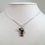 Brocosi.com vintage sterling silver and enamel Scarecrow charm pendant on a delicate silver chain