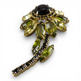 Vintage Flower Pin Brooch with Green, Black, and Yellow Rhinestones