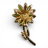 Vintage Flower Pin Brooch with Green, Black, and Yellow Rhinestones