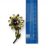 Vintage Flower Pin Brooch with Green, Black, and Yellow Rhinestones