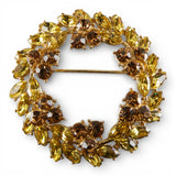 Vintage 1950s Crown Trifari Gold Tone Yellow Rhinestone Wreath Brooch Signed