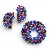Vintage 1960s Brooch & Clip On Earrings Set w/ Blue Magenta Purple Rhinestones
