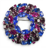 Vintage 1960s Brooch & Clip On Earrings Set w/ Blue Magenta Purple Rhinestones