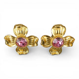 Vintage Trifari Signed Gold Tone Dogwood Flower Pink Rhinestone Center Earrings