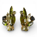 Vintage 1960s Flower Pin & Clip On Earrings Set Green Black Yellow Rhinestones
