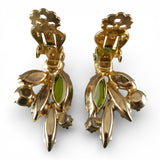 Vintage 1960s Flower Pin & Clip On Earrings Set Green Black Yellow Rhinestones
