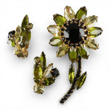 Vintage 1960s Flower Pin & Clip On Earrings Set Green Black Yellow Rhinestones