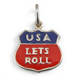 Sterling Silver LETS ROLL Charm for Bracelet  Red Blue Enamel USA Pendant Shield