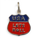 Sterling Silver LETS ROLL Charm for Bracelet  Red Blue Enamel USA Pendant Shield