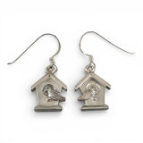 Sterling Silver Bird on Birdhouse Dangle Drop Earrings Brown County Silver