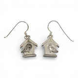 Sterling Silver Bird on Birdhouse Dangle Drop Earrings Brown County Silver