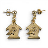 Sterling Silver & Gold Vermeil Bird on Birdhouse Post Back Dangle Earrings