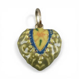 Olive Green Enamel Sterling Silver Puffy Heart Charm for Bracelet Flower Vintage