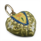Olive Green Enamel Sterling Silver Puffy Heart Charm for Bracelet Flower Vintage