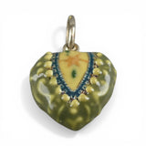Olive Green Enamel Sterling Silver Puffy Heart Charm for Bracelet Flower Vintage