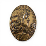Girl with Sunflower Art Nouveau Brass Pin