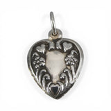 Sterling Silver Puffy Heart Charm for Bracelet Flowers Oxidized Vintage New 22
