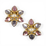 Big Marvella Clip On Earrings Flower Shape Pearl Pink Purple Violet Goldtone