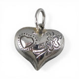 Sterling Silver Extra Puffy Heart Charm for Bracelet Etched Flower Vintage 36