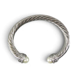 David Yurman Sterling Silver Pearl Diamond Cable Crossover Cuff Bracelet 7mm