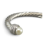 David Yurman Sterling Silver Pearl Diamond Cable Crossover Cuff Bracelet 7mm