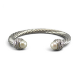 David Yurman Sterling Silver Pearl Diamond Cable Crossover Cuff Bracelet 7mm