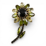 Vintage Flower Pin Brooch with Green, Black, and Yellow Rhinestones
