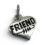 Brocosi.com antiqued sterling silver heart charm with Friend engraving and heartbeat design for charm bracelet