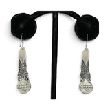 Brocosi.com sterling silver dangle earrings featuring a Victorian-inspired curved scroll design and engraved text.
