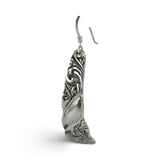 Brocosi.com sterling silver dangle earrings featuring a curved Victorian scroll design and hook backings.