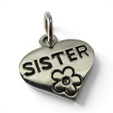 Sterling Silver Sister Heart Charm for Bracelet 2 Sided Flower Sibling Gift New