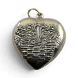 Sterling Silver Puffy Heart Basket with Flowers Charm Pendant Vintage New 73