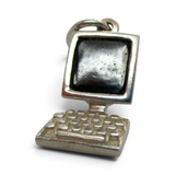 Brocosi.com antiqued sterling silver desktop computer charm featuring a vintage CRT monitor and keyboard design.