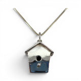Sterling Silver Birdhouse Pendant for Necklace Large Charm Bluebird Bird Gift