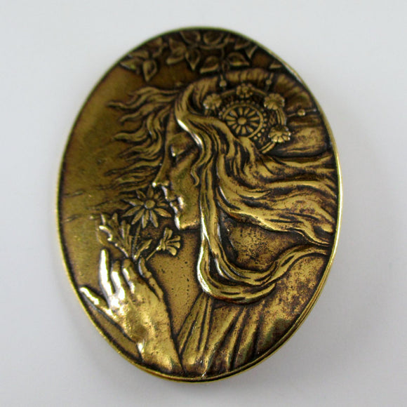 Girl Smelling Flower Art Nouveau Brass Pin