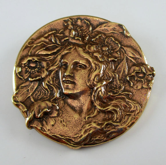 Art Nouveau Lady with Flowers Brass Pin