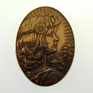 Girl with Sunflower Art Nouveau Brass Pin