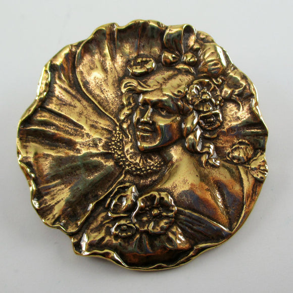 Lady before Flower Art Nouveau Brass Pin