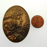 Girl with Sunflower Art Nouveau Brass Pin