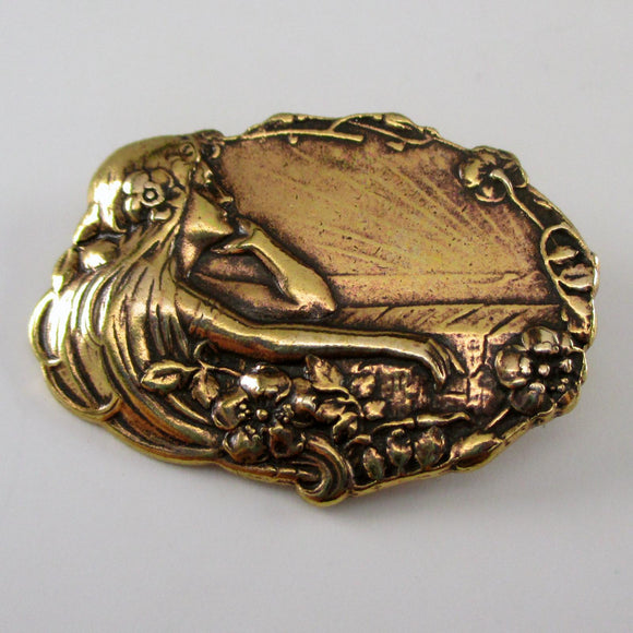 Art Nouveau Thoughtful Lady Brass Pin