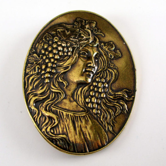 Art Nouveau Lady with Grapes Brass Pin